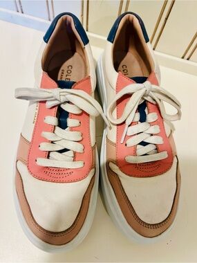 Cole Haan White, Coral & Navy Colorblock Leather Sneakers